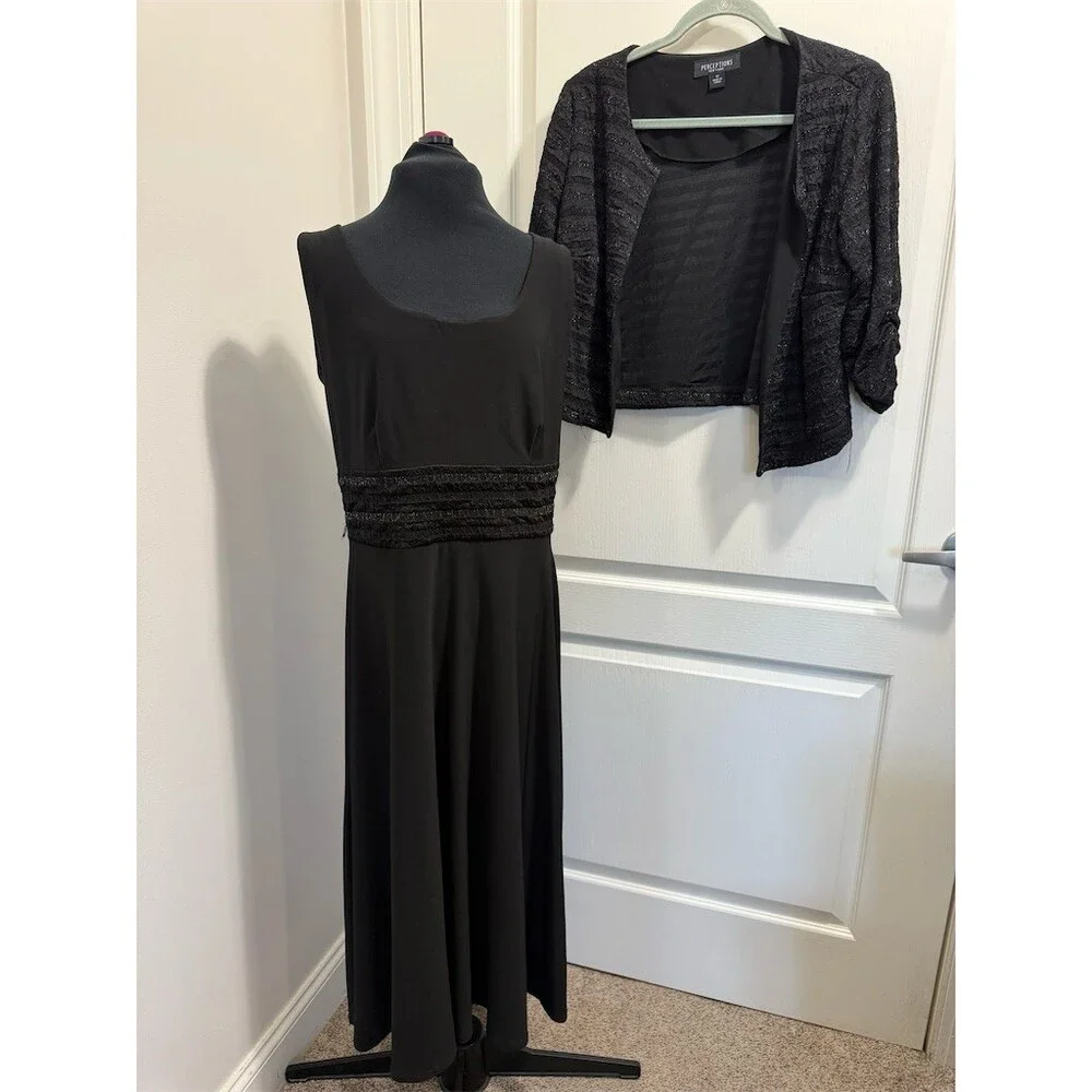 Perceptions New York Suit Set Womens Size 12 Black Dress & Open Jacket 2pc